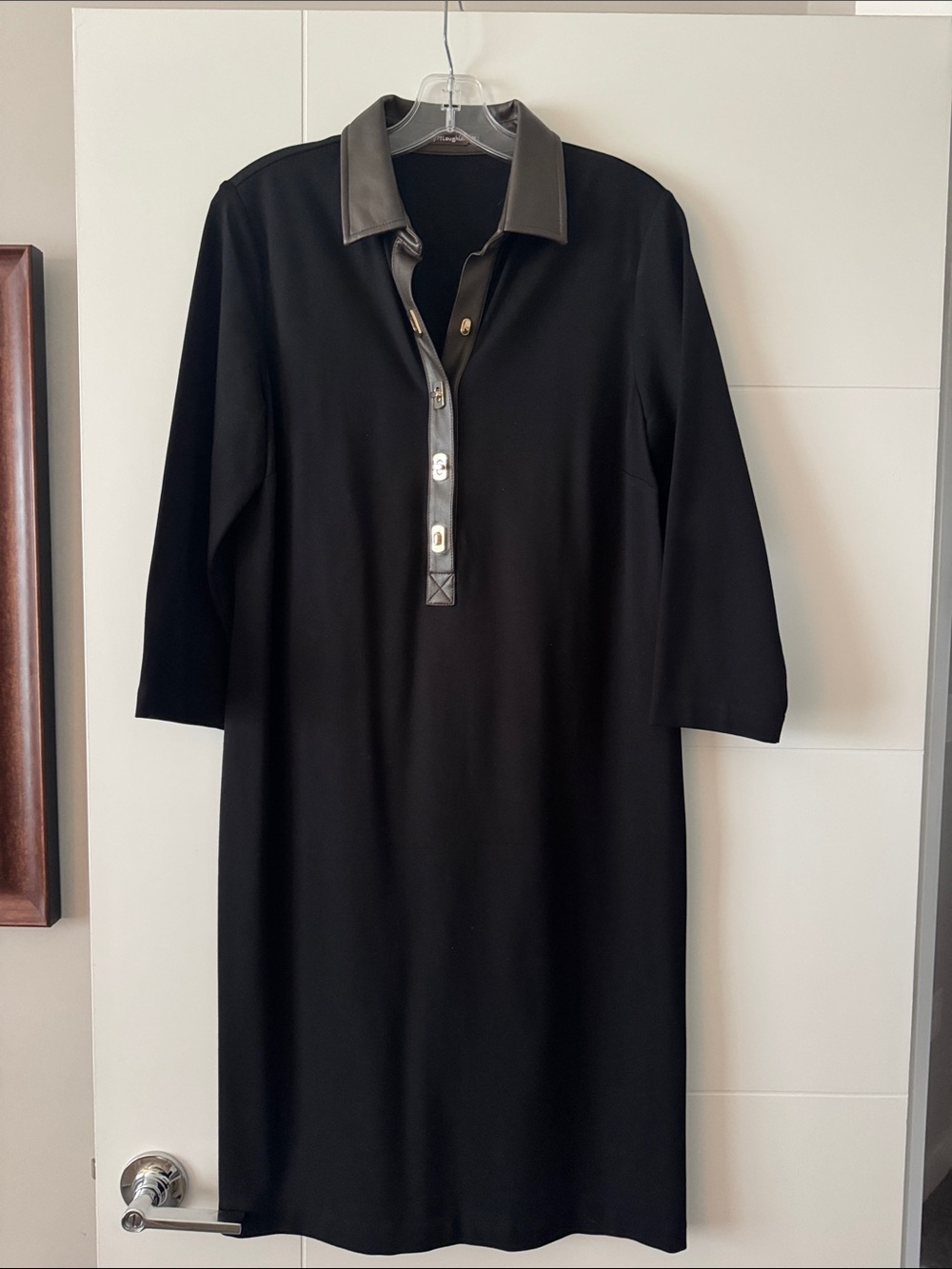 Black Polo-Style Women's Dress with Contrast Leather Collar